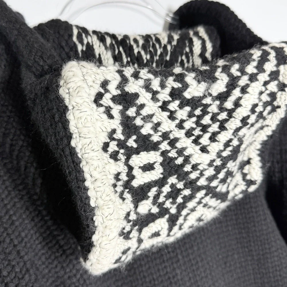 Laneus Italy Wool Hooded Cardigan Sweater Men's S/M (48) Black Ivory Nordic Knit